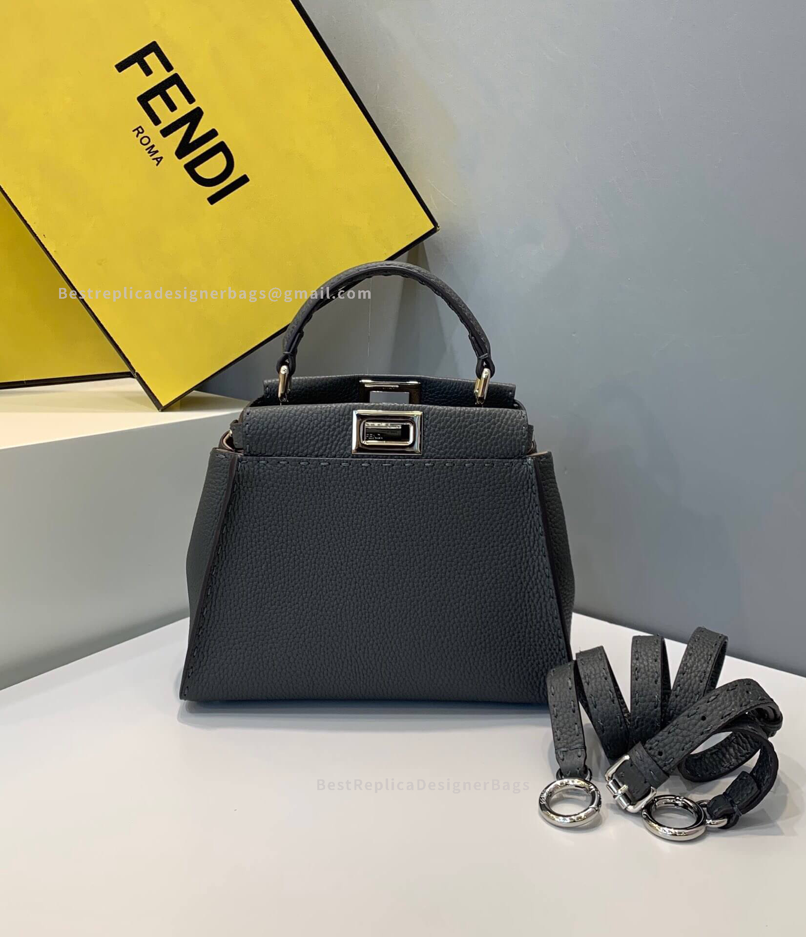Fendi Peekaboo Iconic Mini Dark Grey Roman Leather Bag 2590